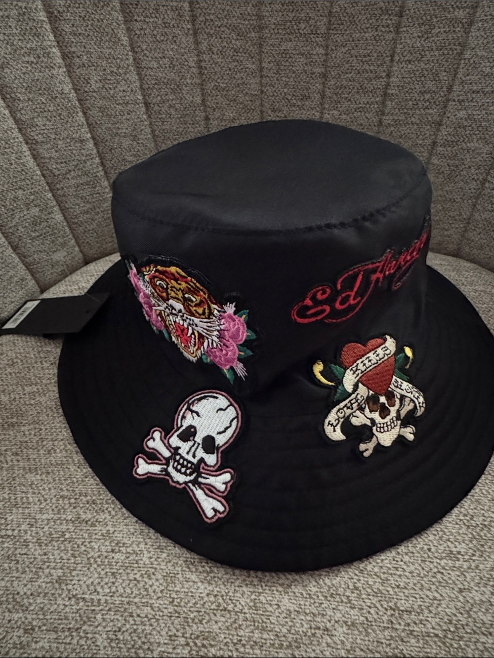 NWT Ed Hardy Black Bucket Hat with Colorful Embroidered Patches